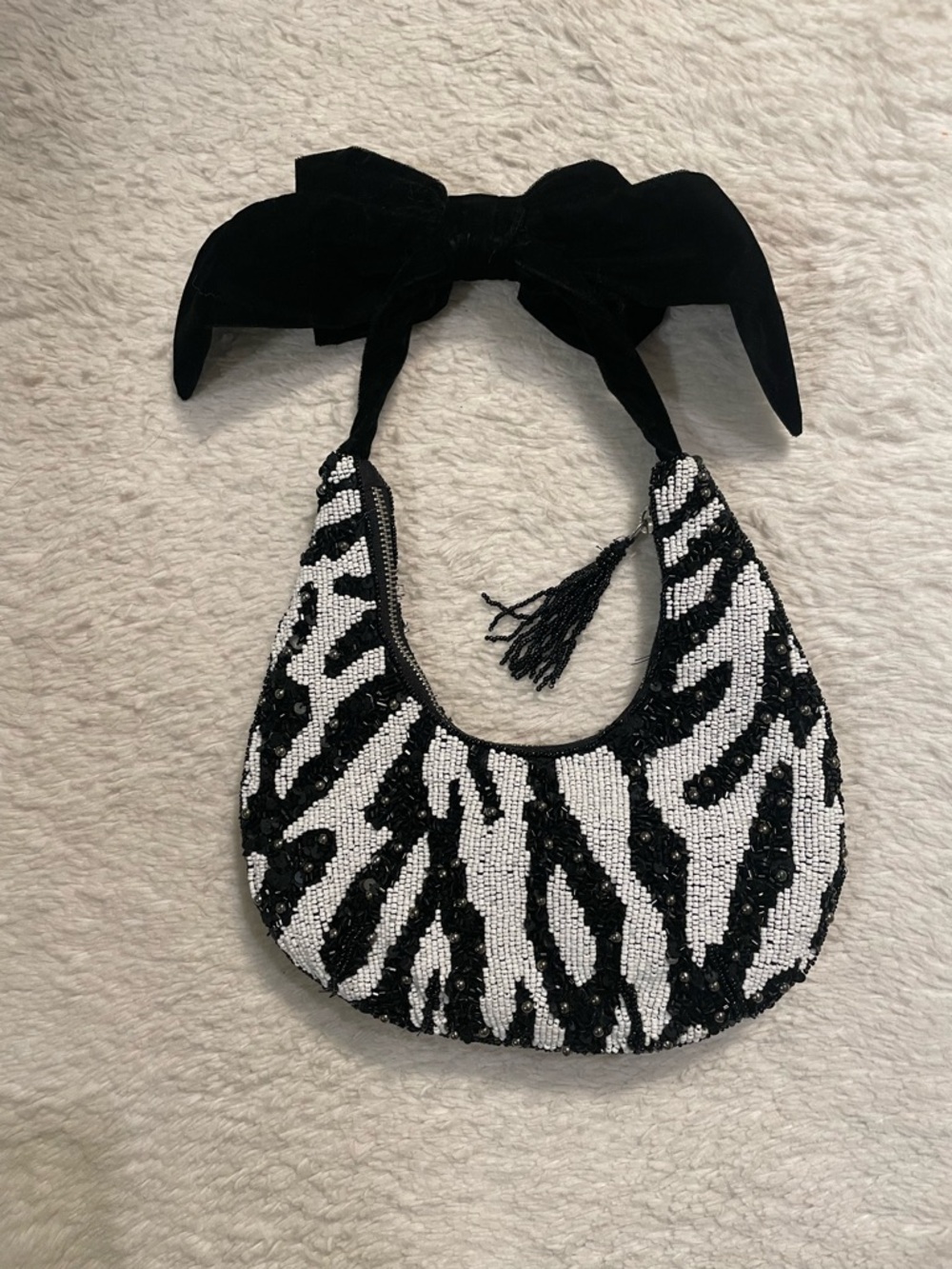 Black & White Beaded Zebra Print Shoulder Bag with Velvet Bow